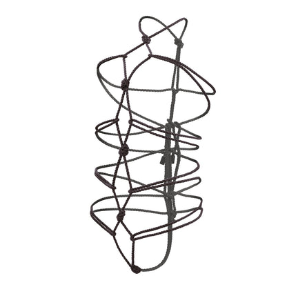 The Boundless Rope by California Exotic Novelties is a brown, coiled net structure with a spiral design, featuring interconnected loops and knots. Its open construction provides a dynamic three-dimensional appearance against a plain white background.