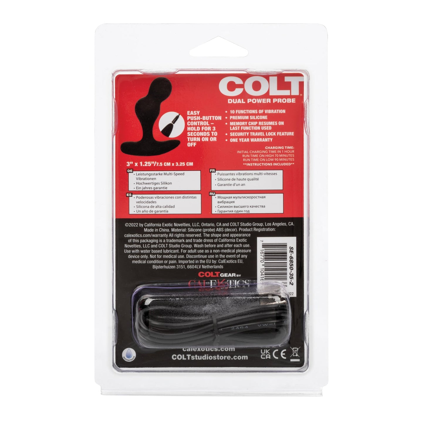 The Colt Dual Power Probes packaging displays a sleek black, curved design with a remote control. Inside, a USB charging cable is visible. The back highlights product details, usage instructions, and company information, emphasizing its innovative dual bulb design for enhanced performance.