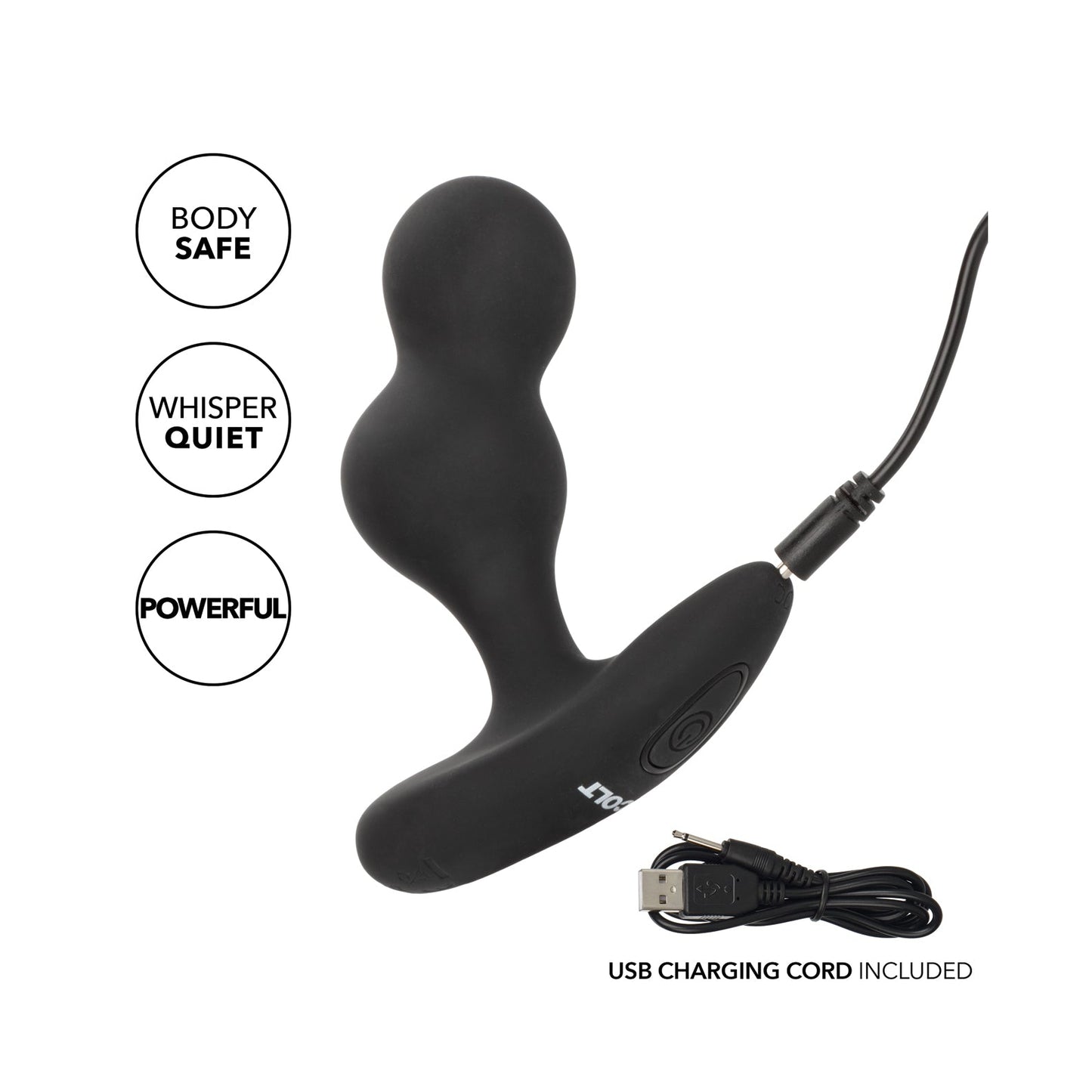 The Colt Dual Power Probe by Colt is a black, ergonomic massager featuring a dual bulb design with two rounded nodes for optimal comfort. It delivers body-safe, whisper-quiet, and powerful performance and includes a USB charging cable for convenience.