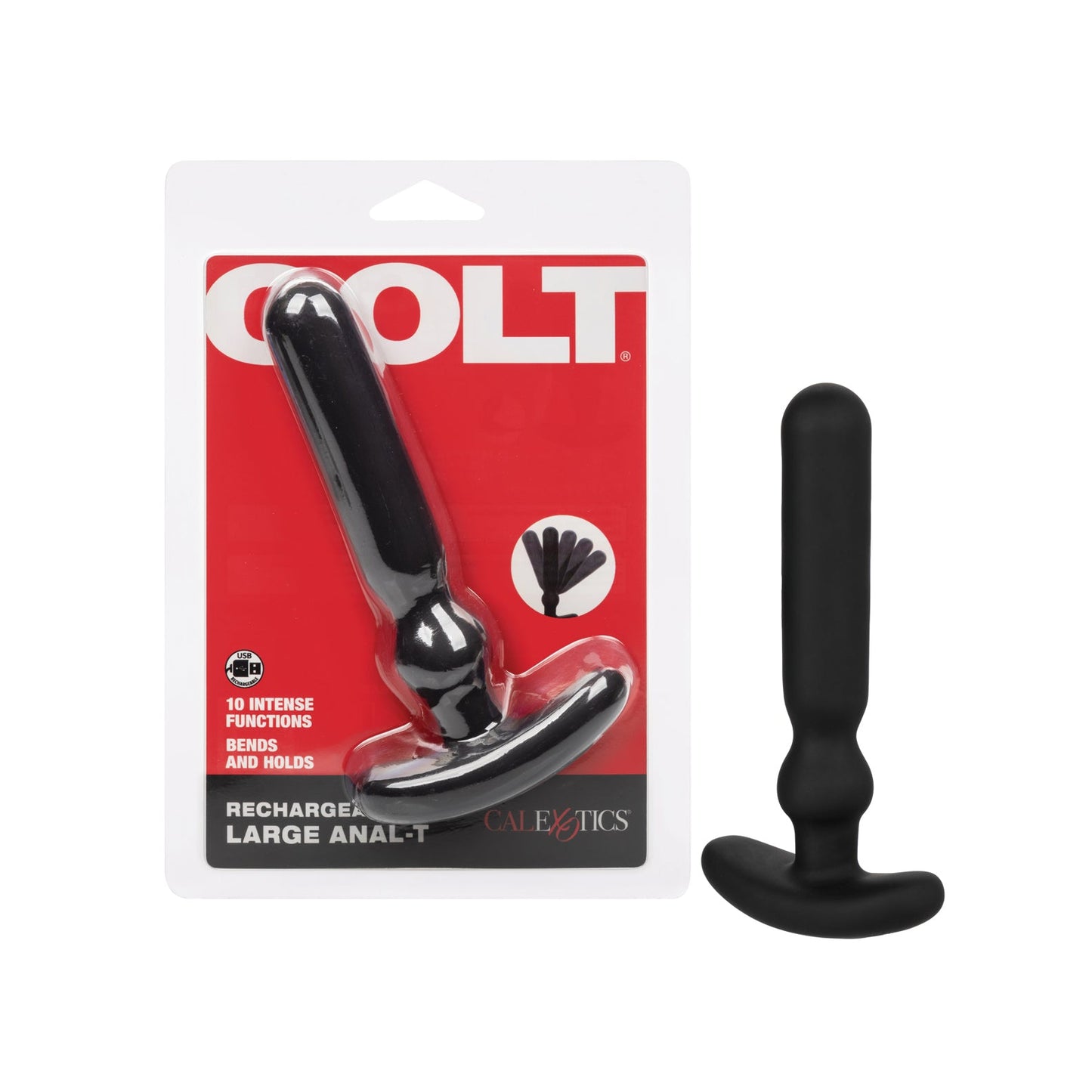 Packaging for the Colt Rechargeable Anal-T - Large, a black waterproof anal probe, showcases the toy with a preview inside. The text highlights its 10 intense vibration functions and displays the product standing upright beside its packaging.