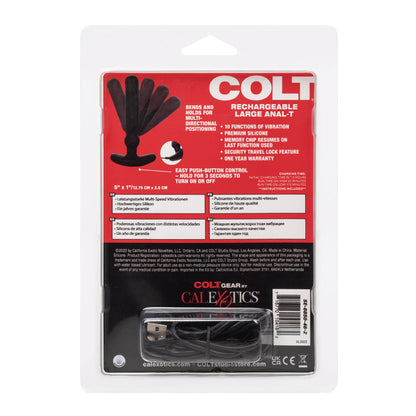 The Colt Rechargeable Anal-T - Large by Colt features a sleek black silicone design, USB charging cable, waterproof build with 10 vibration functions, bendable positioning, easy push-button control, and comes with a one-year warranty.