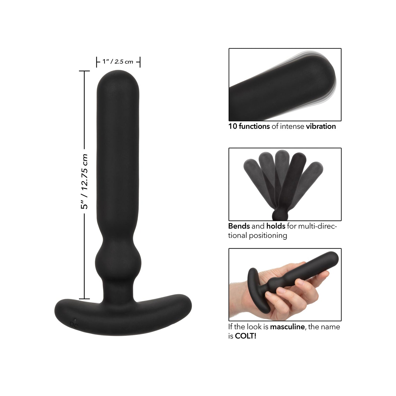 Discover the Colt Rechargeable Anal-T - Large, featuring a sleek black design with Colt branding. With a 1 diameter and 5 length, it offers 10 dynamic vibration functions. Its flexible and waterproof design ensures versatility for any adventure.