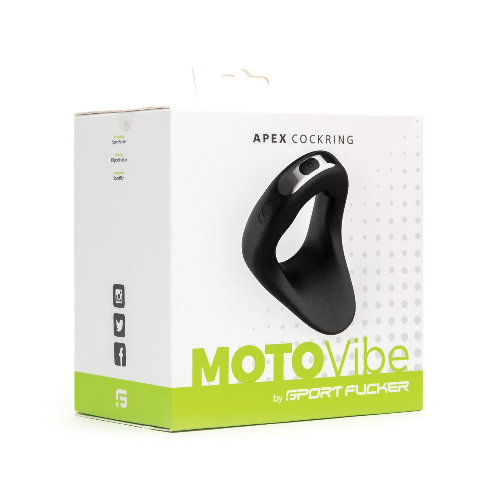 The image displays the packaging of the Sport Fucker Motovibe Apex 48 mm, crafted from medical-grade silicone. The box features a photo of this teardrop-shaped product with branding and social media icons, all in a sleek white and green design with modern elements.