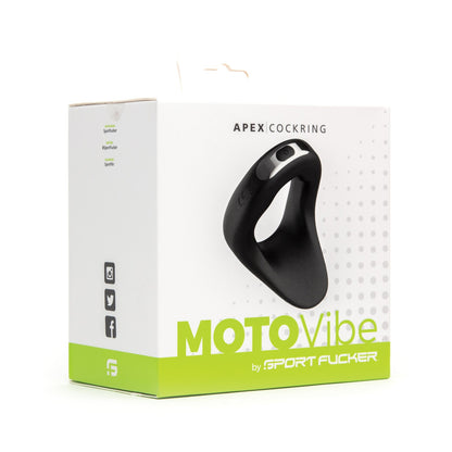 The image displays the packaging of the Sport Fucker Motovibe Apex 48 mm, crafted from medical-grade silicone. The box features a photo of this teardrop-shaped product with branding and social media icons, all in a sleek white and green design with modern elements.