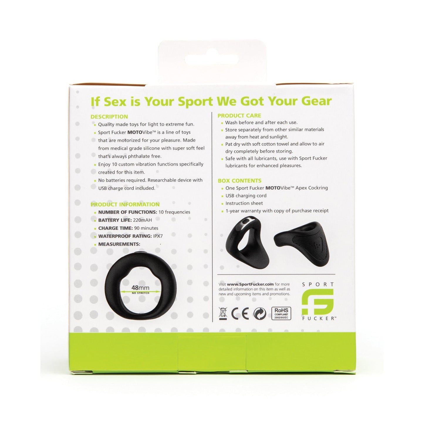 The packaging for the Sport Fucker Motovibe Apex 48 mm features sleek text and visuals, highlighting its qualities, functions, and care instructions. It includes images of black ring-shaped items made from medical-grade silicone bearing Sport Fucker branding against a predominantly white and green background.