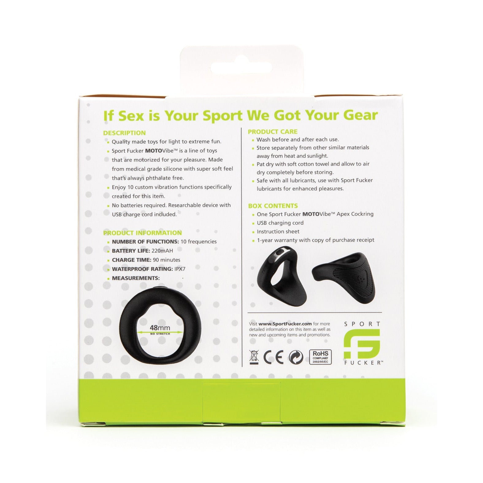 The packaging for the Sport Fucker Motovibe Apex 48 mm features sleek text and visuals, highlighting its qualities, functions, and care instructions. It includes images of black ring-shaped items made from medical-grade silicone bearing Sport Fucker branding against a predominantly white and green background.