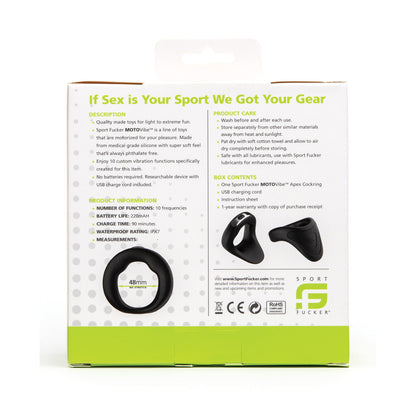 The packaging for the Sport Fucker Motovibe Apex 48 mm features sleek text and visuals, highlighting its qualities, functions, and care instructions. It includes images of black ring-shaped items made from medical-grade silicone bearing Sport Fucker branding against a predominantly white and green background.