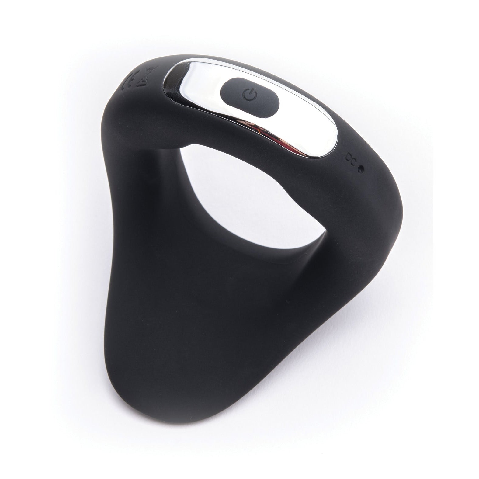 The Sport Fucker Motovibe Apex 48 mm, made from medical-grade silicone, is a teardrop-shaped black ring with a sleek design. It has a silver and black power button on top, combining style and functionality.