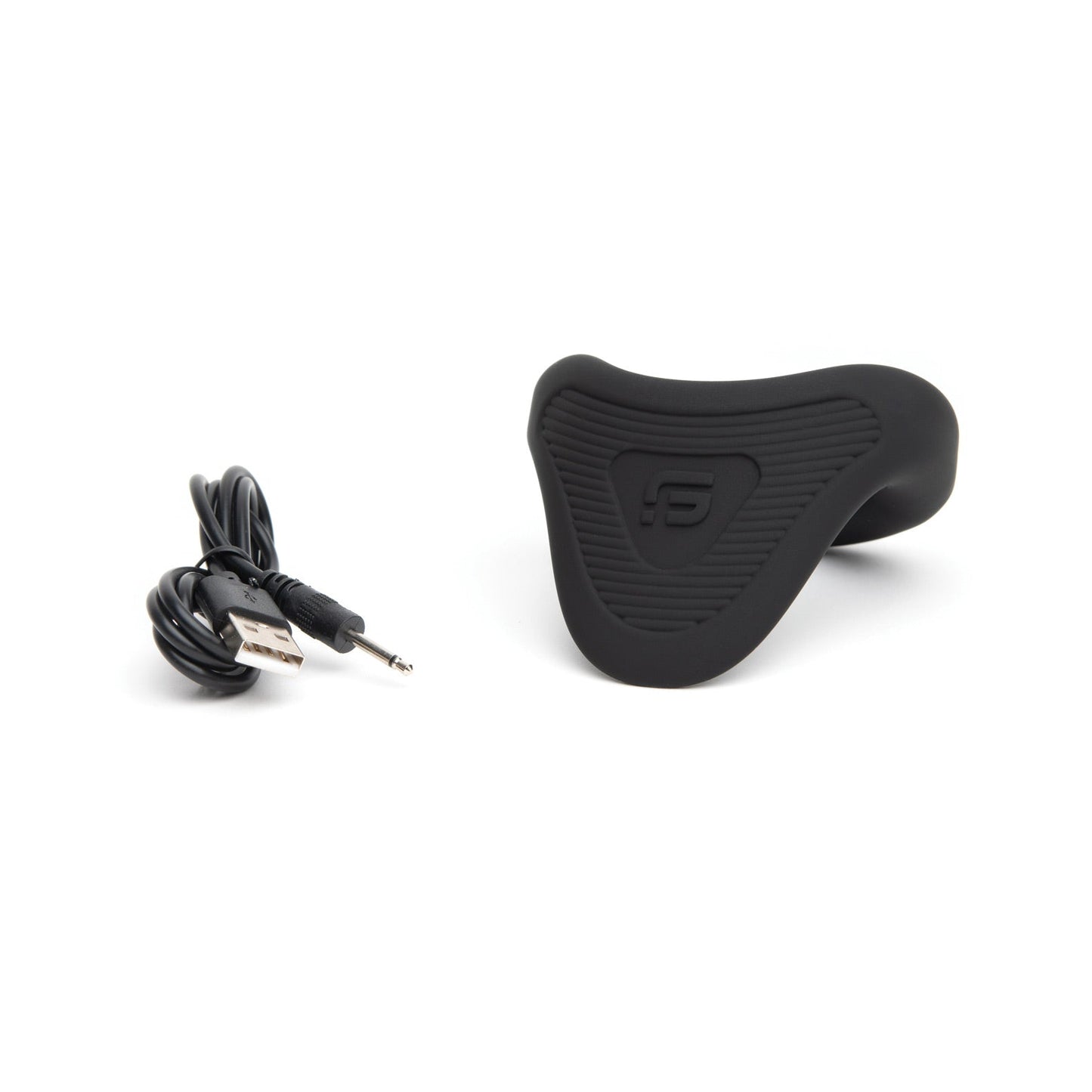 The Sport Fucker Motovibe Apex 48 mm, a black ergonomically designed wireless controller with a teardrop shape, is displayed alongside a coiled USB charging cable featuring a standard USB-A and a 3.5mm jack on a plain white background.
