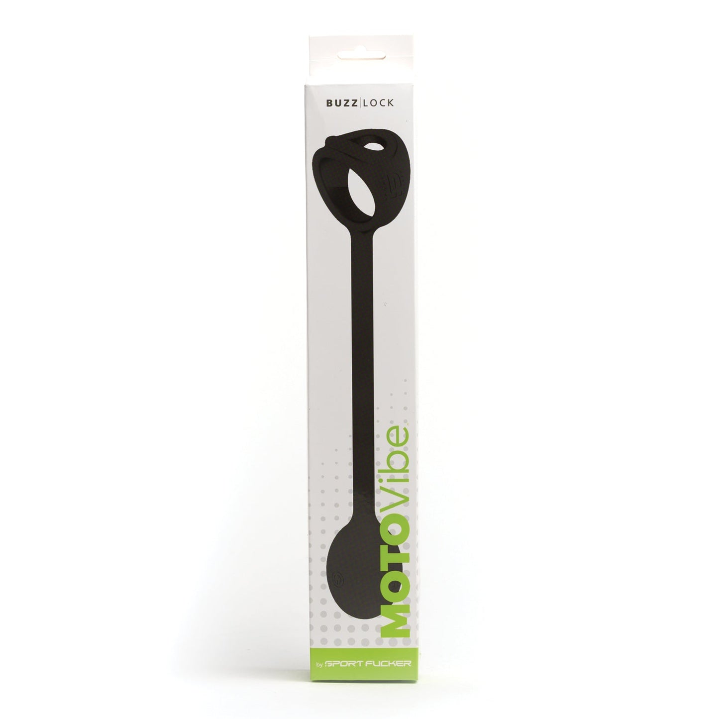 The black Sport Fucker Motovibe Buzz Lock comes in white packaging with green accents, displays premium silicone, and features the product name and brand. A transparent section reveals the Buzz Lock inside.