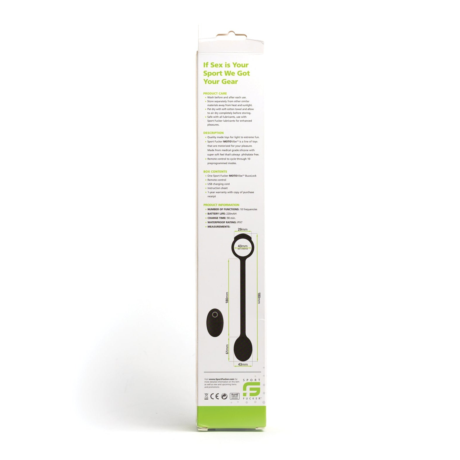 The side of the Sport Fucker Motovibe Buzz Lock box features text and illustrations, stating, If Sex is Your Sport We Got Your Gear. The white box with green accents shows an image resembling a black wristband made from premium silicone, highlighting the remote control vibration feature.