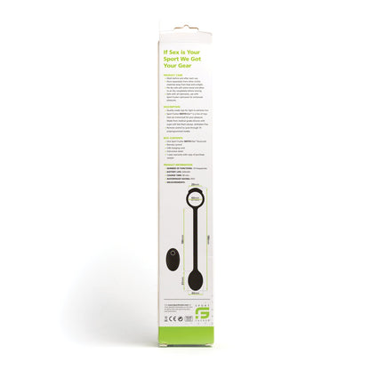 The side of the Sport Fucker Motovibe Buzz Lock box features text and illustrations, stating, If Sex is Your Sport We Got Your Gear. The white box with green accents shows an image resembling a black wristband made from premium silicone, highlighting the remote control vibration feature.