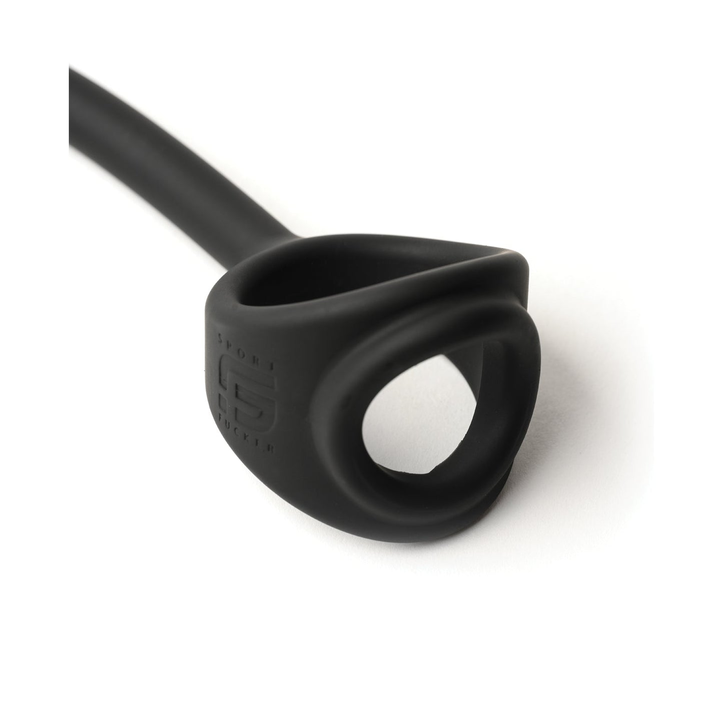 A close-up image of the Sport Fucker Motovibe Buzz Lock, a black premium silicone item featuring a loop, an opening on one end, and a textured surface with the G logo. It is displayed against a plain white background.