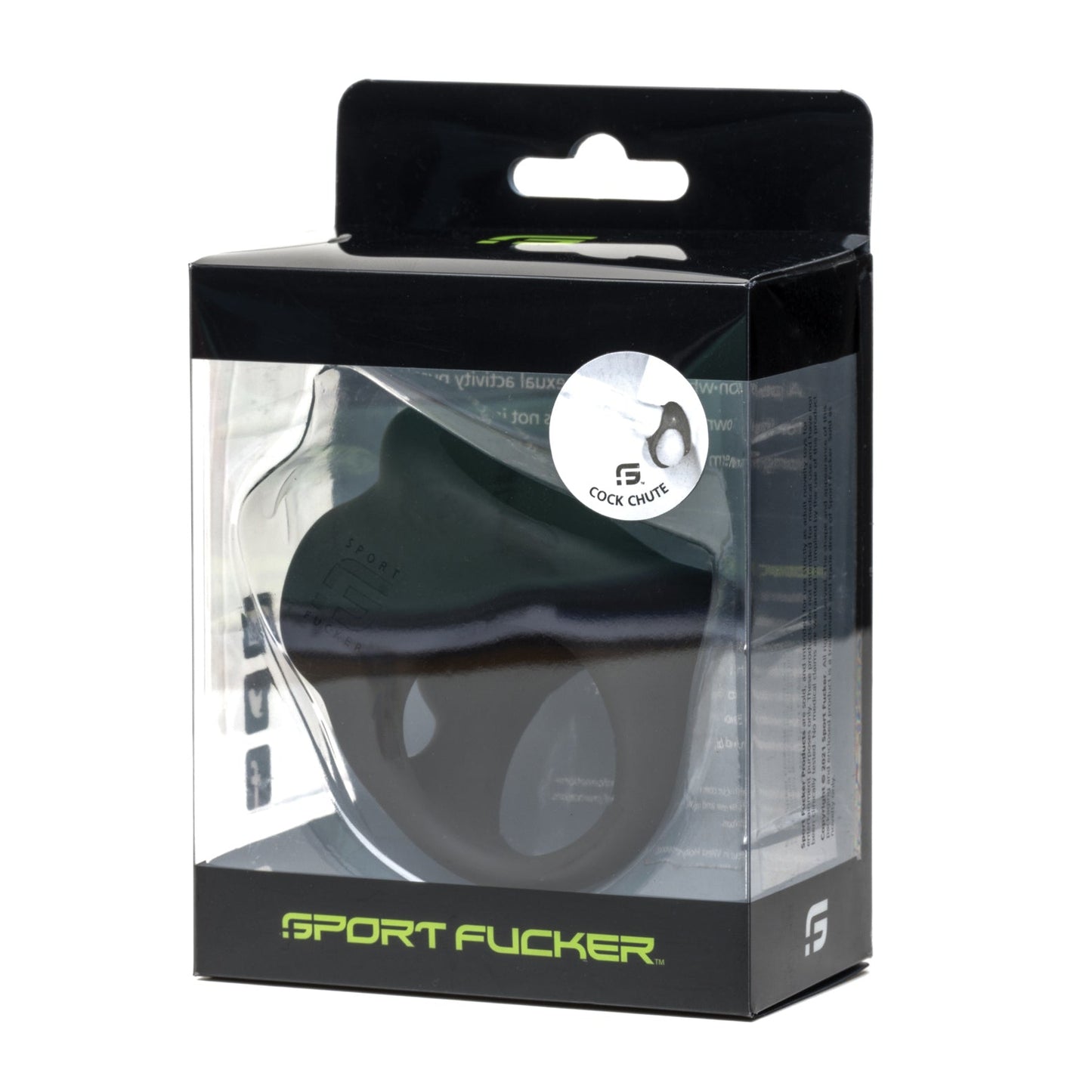 The Sport Fucker Cock Chute is a sleek black silicone toy packaged in a transparent plastic box featuring the Sport Fucker brand name. This versatile accessory, with a convenient hanging tab, can be used as either a ball stretcher or cock ring.