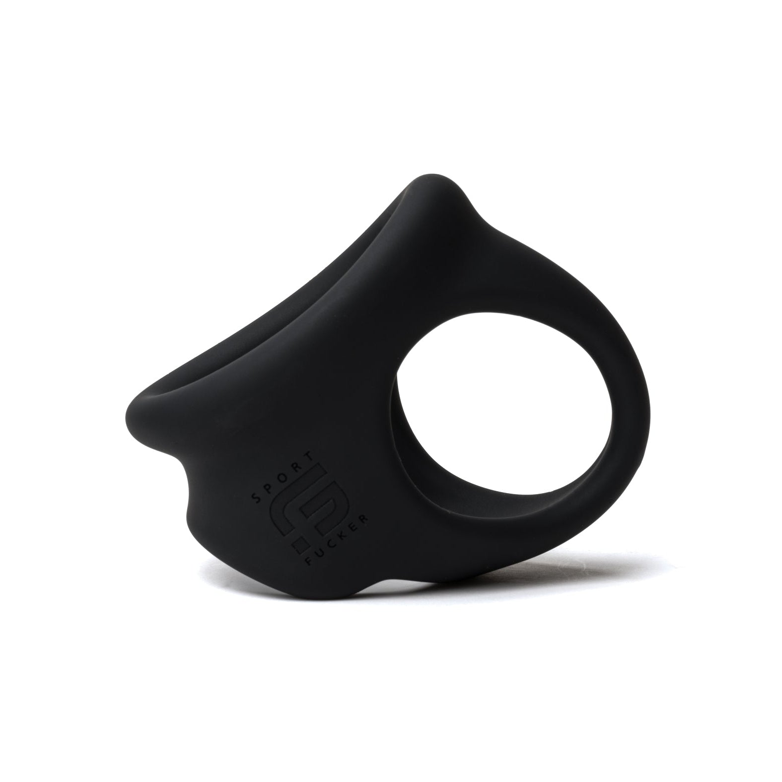 The Sport Fucker Cock Chute by Sport Fucker is a black silicone cock ring with an ergonomic, oval-shaped design and smooth edges, featuring a logo.