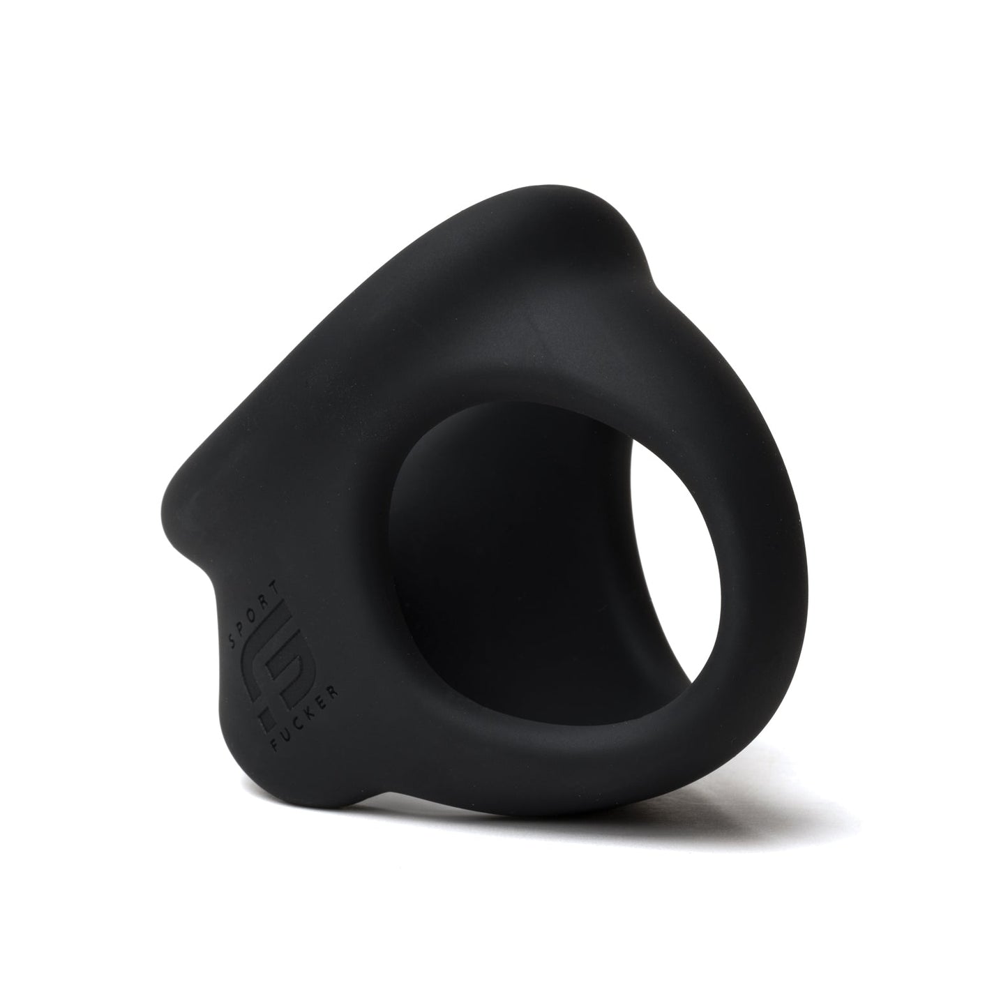 The Sport Fucker Cock Chute is a black silicone cock ring with a unique curved design, embossed with the Sport Fucker logo on the side. Photographed against a plain white background, it highlights the rings smooth texture and modern look.