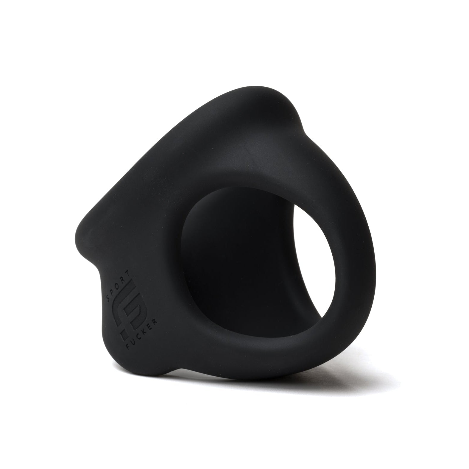 The Sport Fucker Cock Chute is a black silicone cock ring with a unique curved design, embossed with the Sport Fucker logo on the side. Photographed against a plain white background, it highlights the rings smooth texture and modern look.