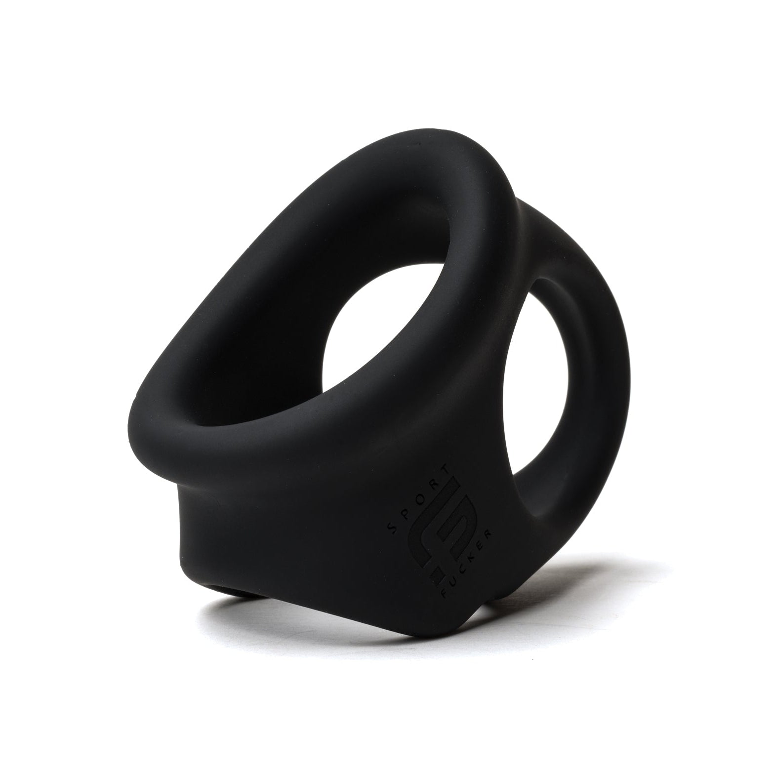 The Sport Fucker Cock Chute by Sport Fucker is a black silicone ring with a sleek, modern design and features a wide base, slight curve, smooth edges, and an embossed logo. It stands upright against a plain white background.
