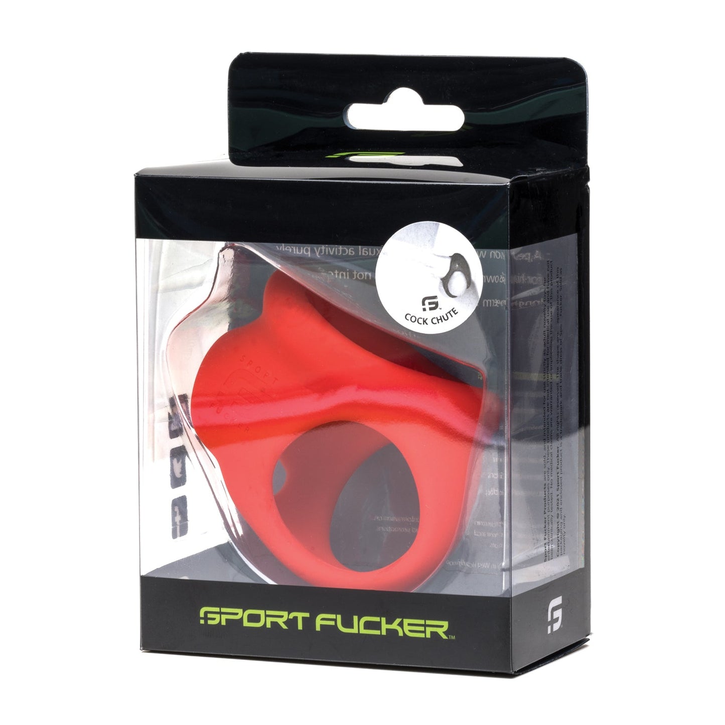 A red silicone ring-shaped toy, named Sport Fucker Cock Chute, is showcased in a clear box with black packaging and green accents. A silver circle on the package highlights its versatility as a cock ring.