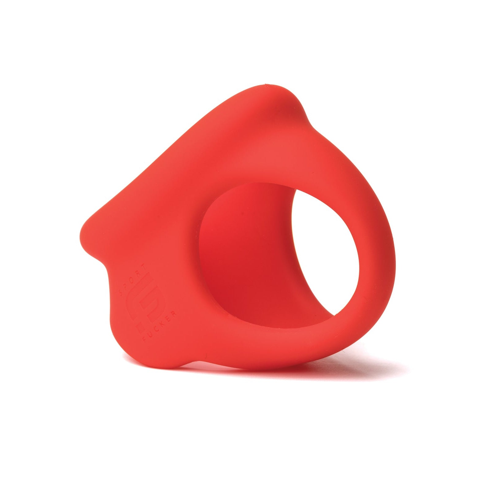The Sport Fucker Cock Chute is a red silicone cock ring featuring a wide band, ergonomic open circular center, smooth surface, and subtle embossed Sport Fucker brand logo on the side.