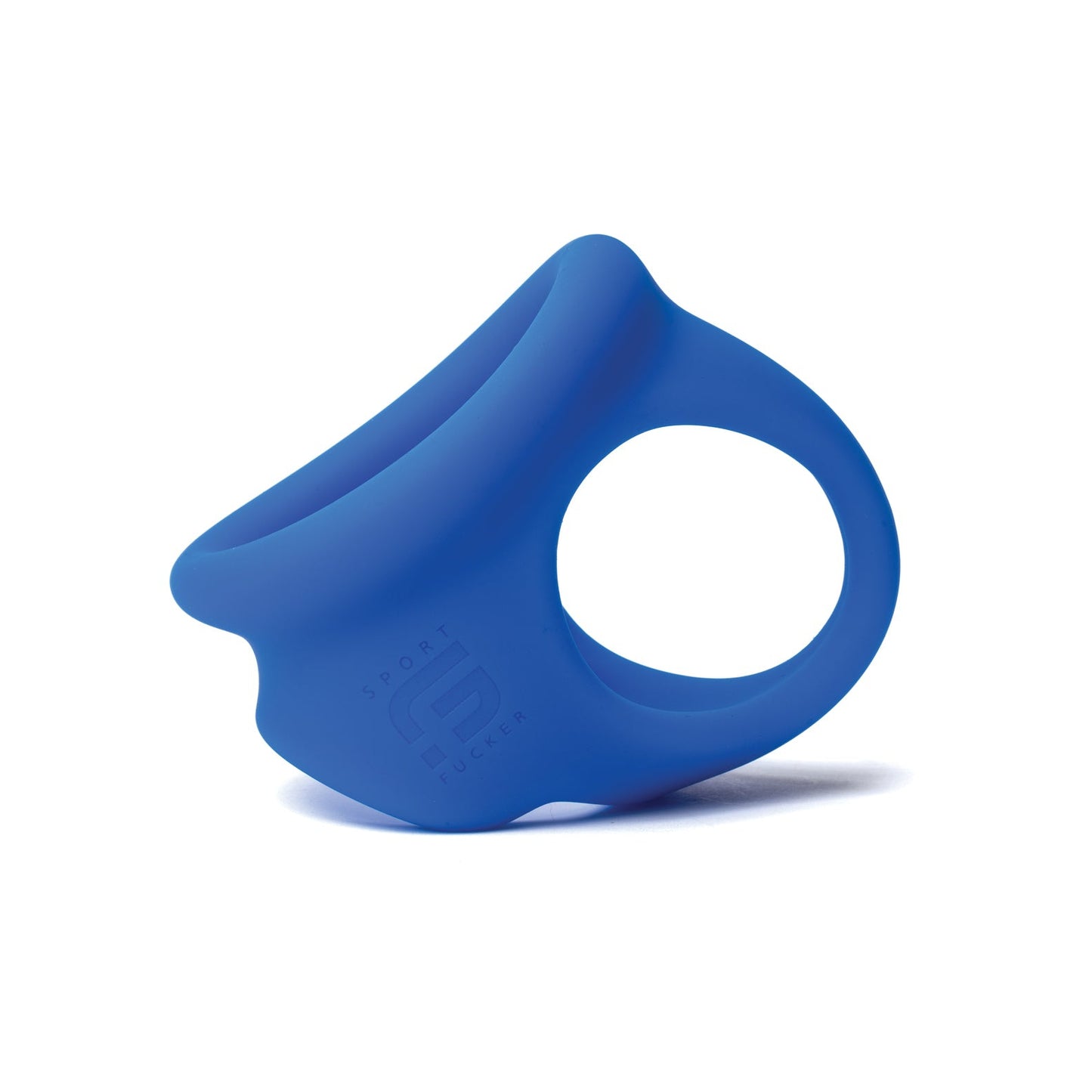 The Sport Fucker Cock Chute by Sport Fucker is a blue silicone ring with an ergonomic design, ideal as a toy. It features a thick, curved body with an opening and embossed text, beautifully combining form and function against a plain white background.