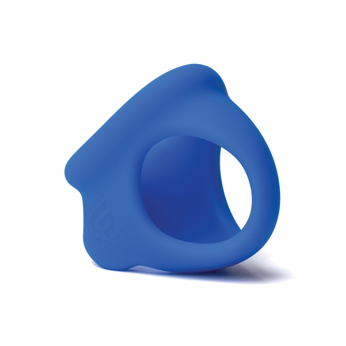 The Sport Fucker Cock Chute, by Sport Fucker, is a blue silicone cock ring with a smooth, curved design. It features a wide opening and a thicker protruding edge on one side while standing upright to display its flexible and ergonomic structure.