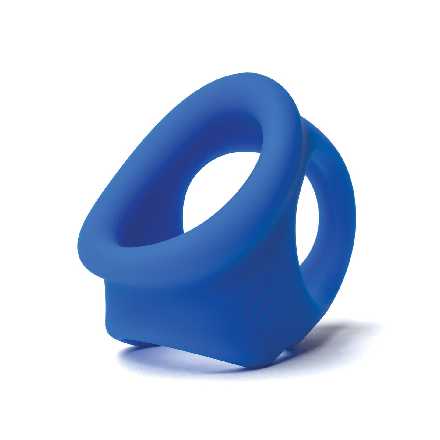 The Sport Fucker Cock Chute is a versatile blue, oval silicone toy with a thick band and a smaller ring on one side, resembling a cock ring, displayed against a white background.