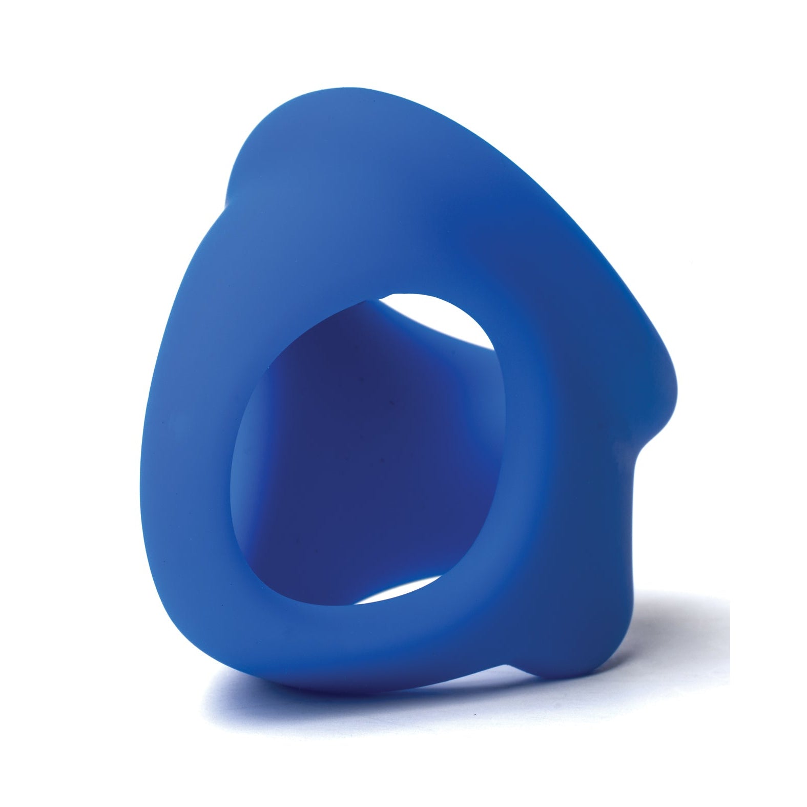 The Sport Fucker Cock Chute by Sport Fucker is a blue, hollow silicone object with smooth surfaces and variable openings, casting a shadow on a white background.