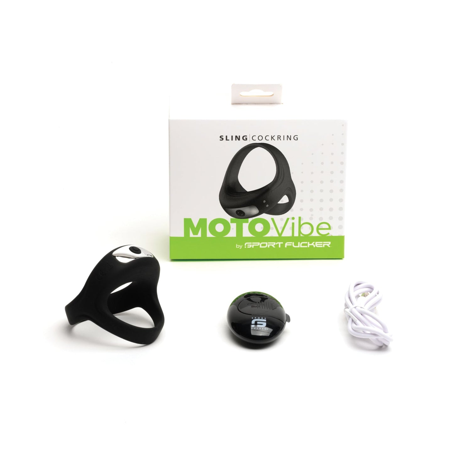 The Sport Fucker Motovibe Sling Cockring With Remote in black from 665 inc is displayed with packaging, a wireless remote, and a white charging cable. The box features MotoVibe by Sport Fucker branding in green and white. Its an IPX7 waterproof device for durability and versatility.