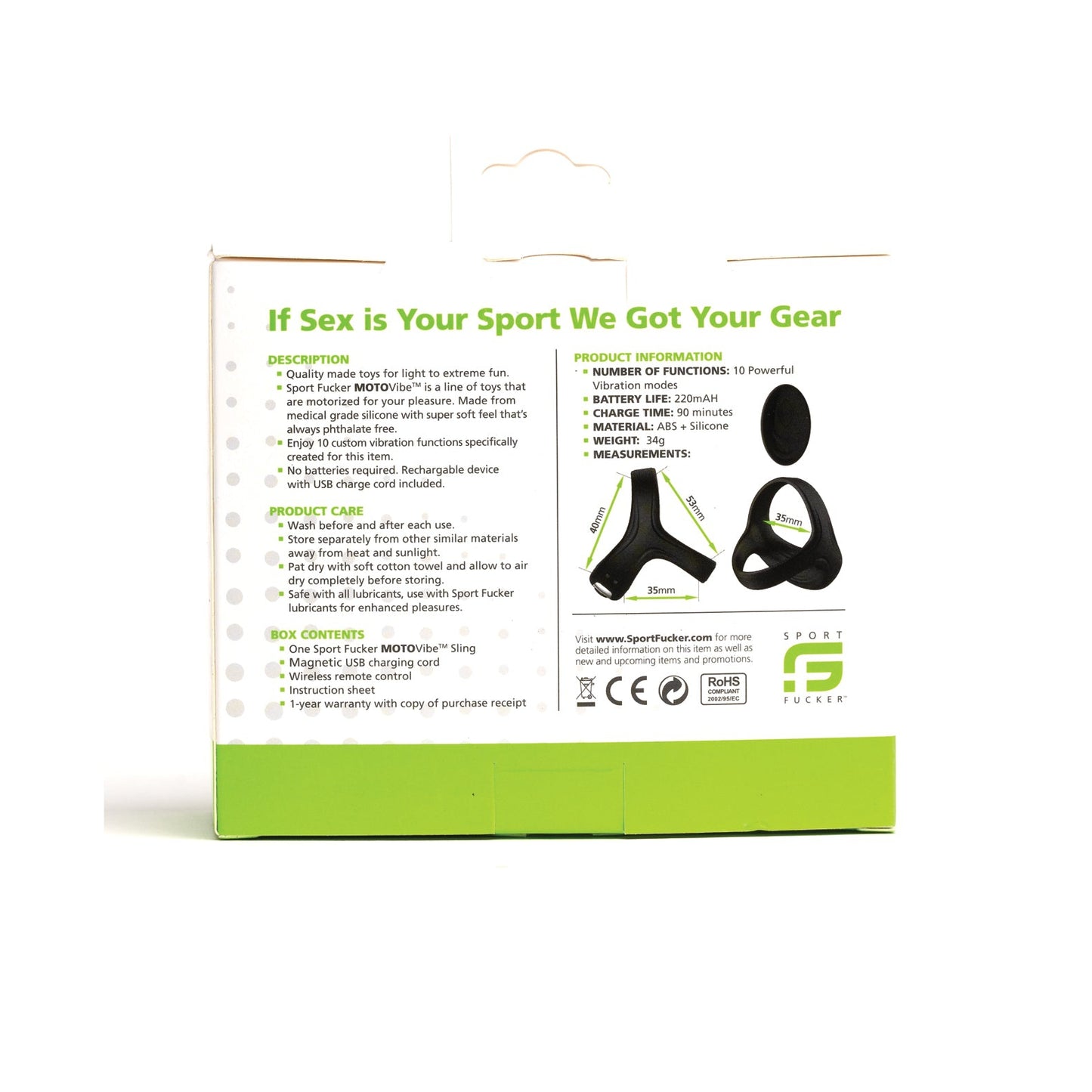 665 incs Sport Fucker Motovibe Sling Cockring With Remote comes in stylish green and white packaging, highlighting its features like seamless functionality, extended battery life, and a waterproof IPX7 rating. The wireless remote enhances convenience. Includes all essentials.