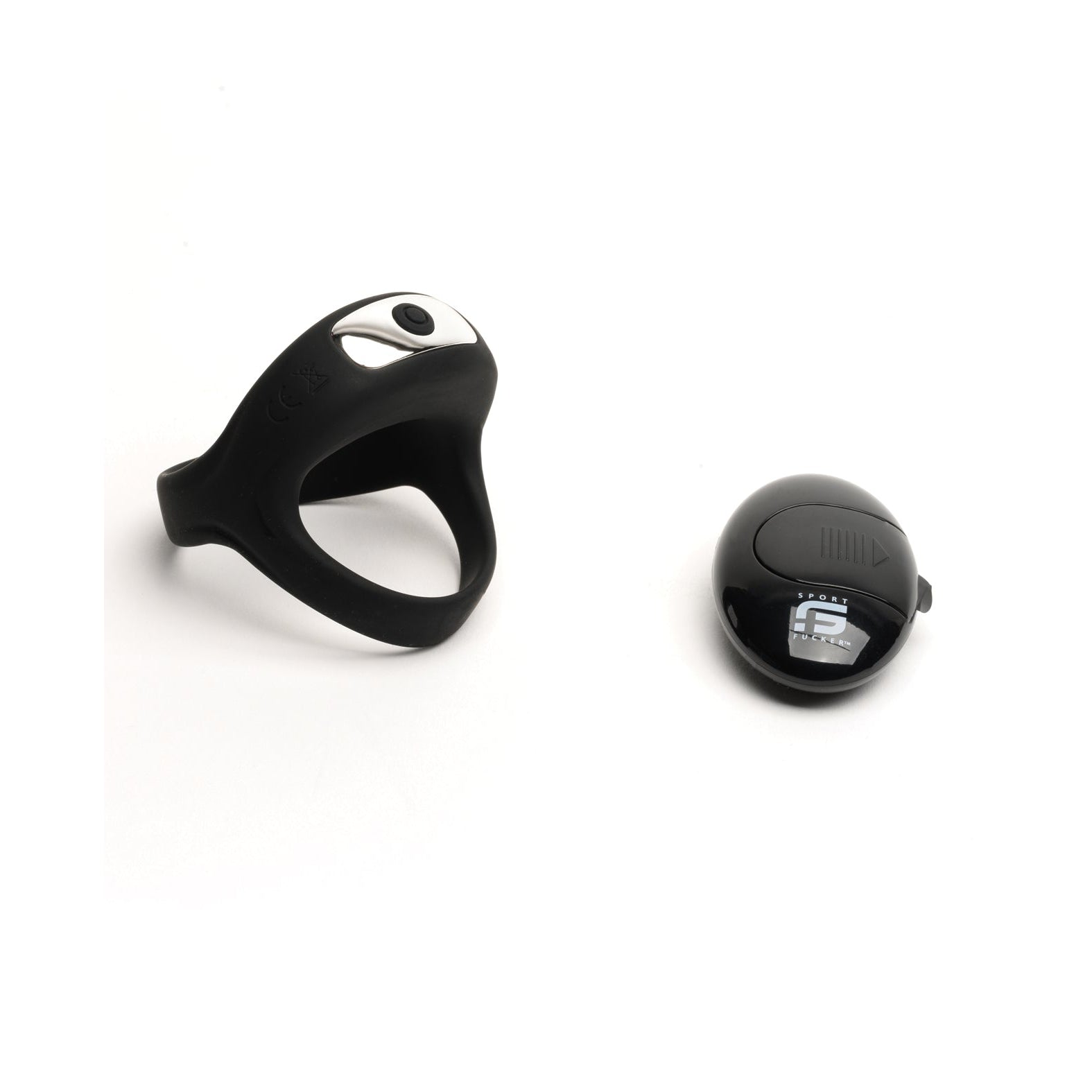 The Sport Fucker Motovibe Sling Cockring With Remote by 665 inc is a black, flexible ring with a silver button next to a small black device featuring a digital display. Both boast waterproof IPX7 technology and are set against a plain white background.