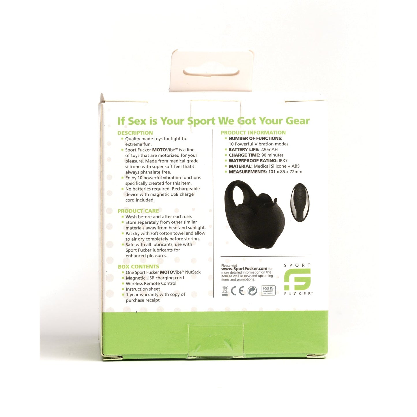 The back of the packaging for 665 incs Sport Fucker Motovibe NutSack Vibe w/Remote - Black showcases the product description, features, and measurements. The design includes the brand logo and website on a predominantly white background with green accents.
