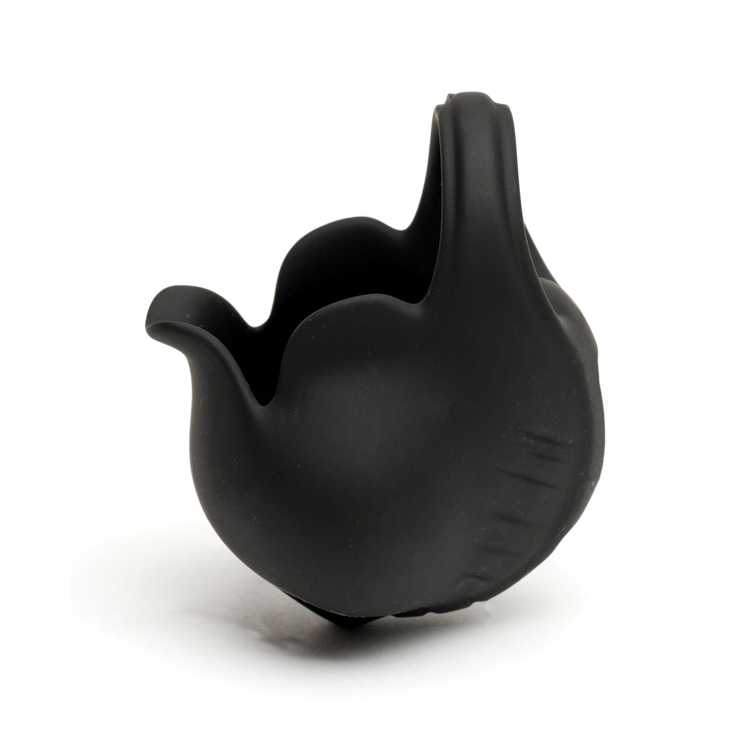 The Sport Fucker Motovibe NutSack Vibe w/Remote by 665 inc, in matte black, resembles a round-bottomed pitcher with a handle and spout, featuring an abstract bird-like design. With its IPX7 waterproof rating, it seamlessly blends artistry and functionality for modern living spaces.