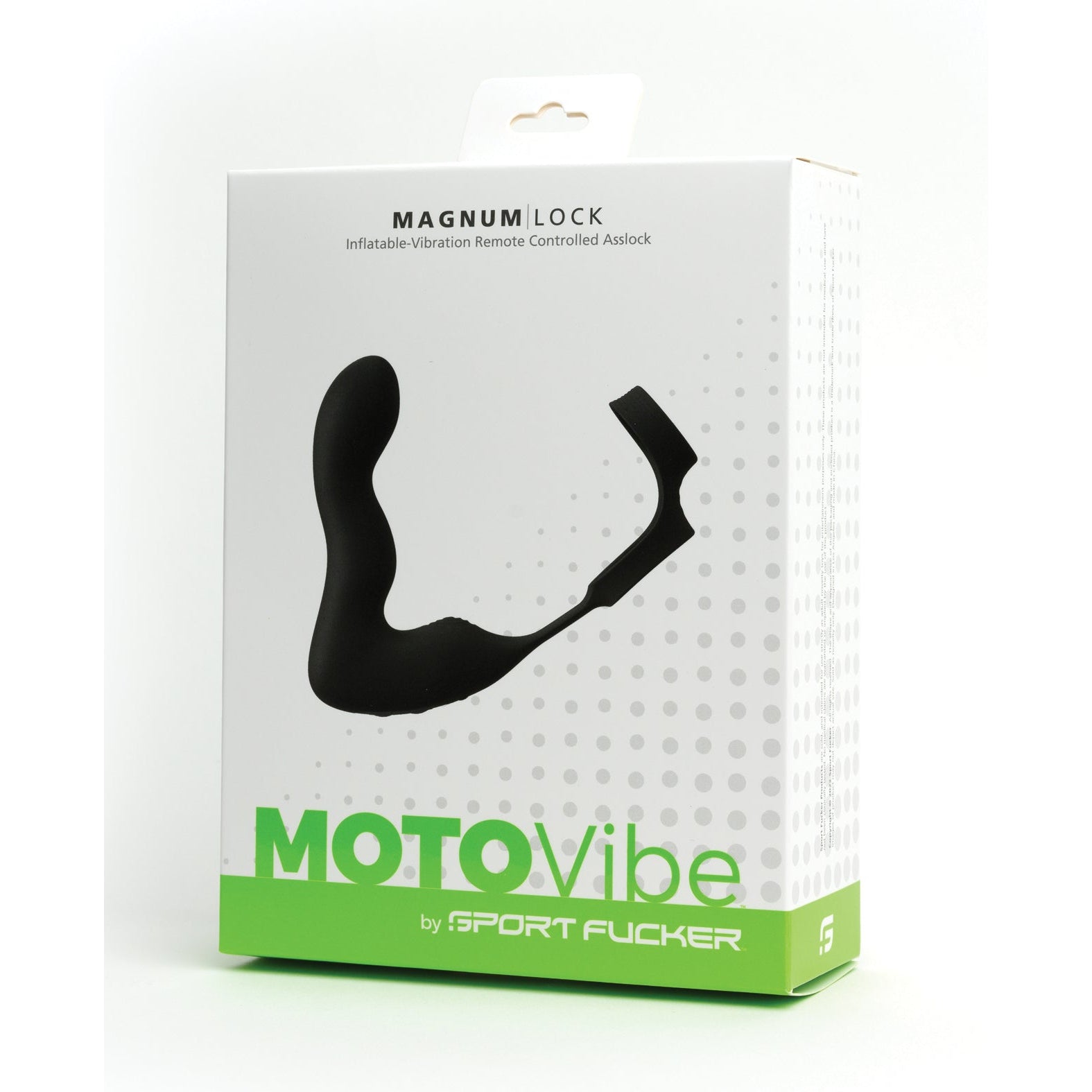The image features the packaging for Sport Fucker Motovibe Magnum Lock, highlighting a black wireless asslock with vibration modes and a wireless remote. Its sleek white and green design underscores the products modern appeal.