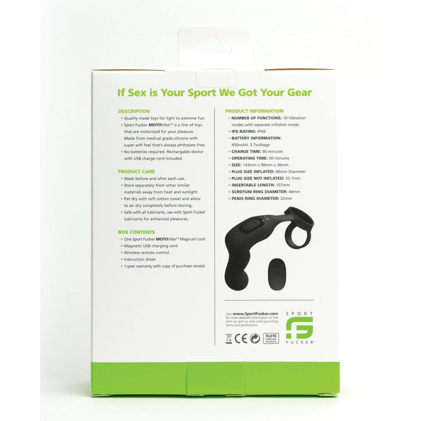 The image showcases the packaging for Sport Fucker Motovibe Magnum Lock, featuring its wireless asslock with multiple vibration modes. Text describes functions and materials, with the Sport Fucker logo at the bottom. A wireless remote control is noted against a pristine white background.