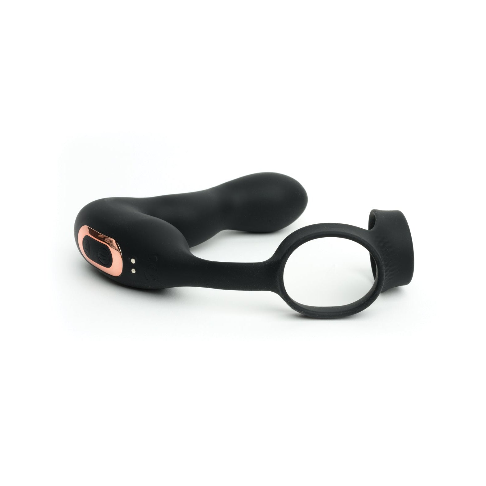 The Sport Fucker Motovibe Magnum Lock is a black and rose gold wearable toy from Sport Fucker, designed for intimate use. It features a curved shape, loop for easy handling, smooth matte finish, and remote control for customizable vibration modes.