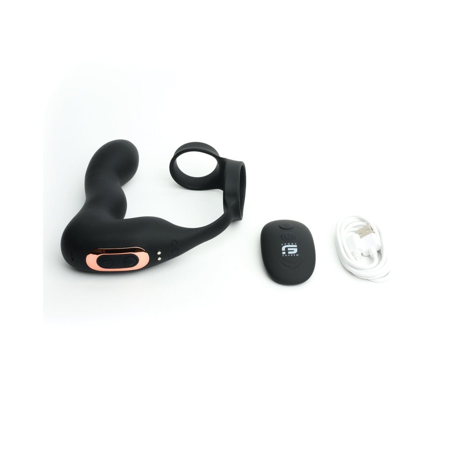 The Sport Fucker Motovibe Magnum Lock, a black curved prostate massager with versatile vibration modes, comes with a wireless remote control and USB charging cable, set against a white background.