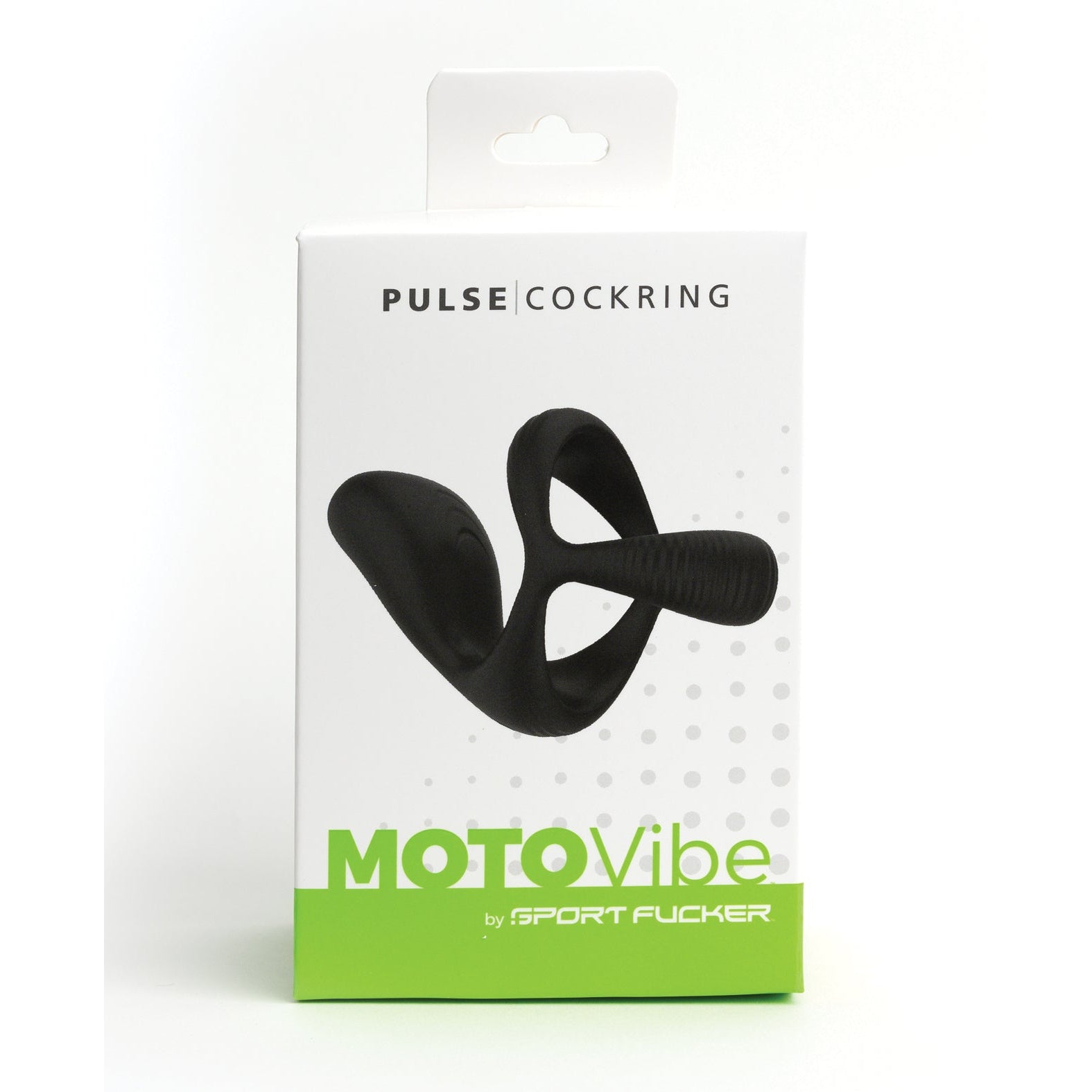 The Pulse Cockring packaging, labeled MOTOVibe by Sport Fucker, showcases the sleek black silicone ring and its wireless remote against a minimalist background, emphasizing its water-resistant design.