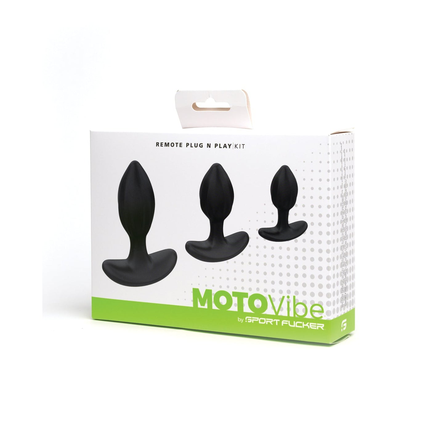 The Sport Fucker MotoVibe Plug N Play Kit features three black, vibrating plugs of varying sizes, all packaged on a white and green backdrop. Ideal for enhancing your booty workout routine.