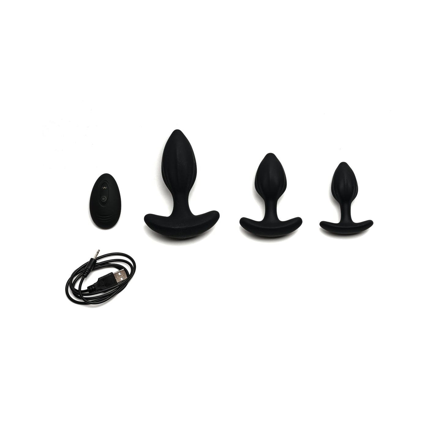 The Sport Fucker MotoVibe Plug N Play Kit includes four black silicone vibrating butt plugs of different sizes, a remote control, and a USB charging cable, all arranged on a white surface.
