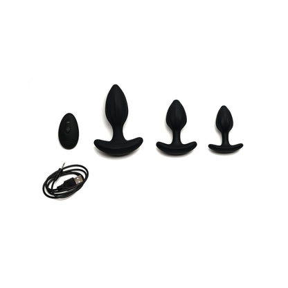 The Sport Fucker MotoVibe Plug N Play Kit includes four black silicone vibrating butt plugs of different sizes, a remote control, and a USB charging cable, all arranged on a white surface.
