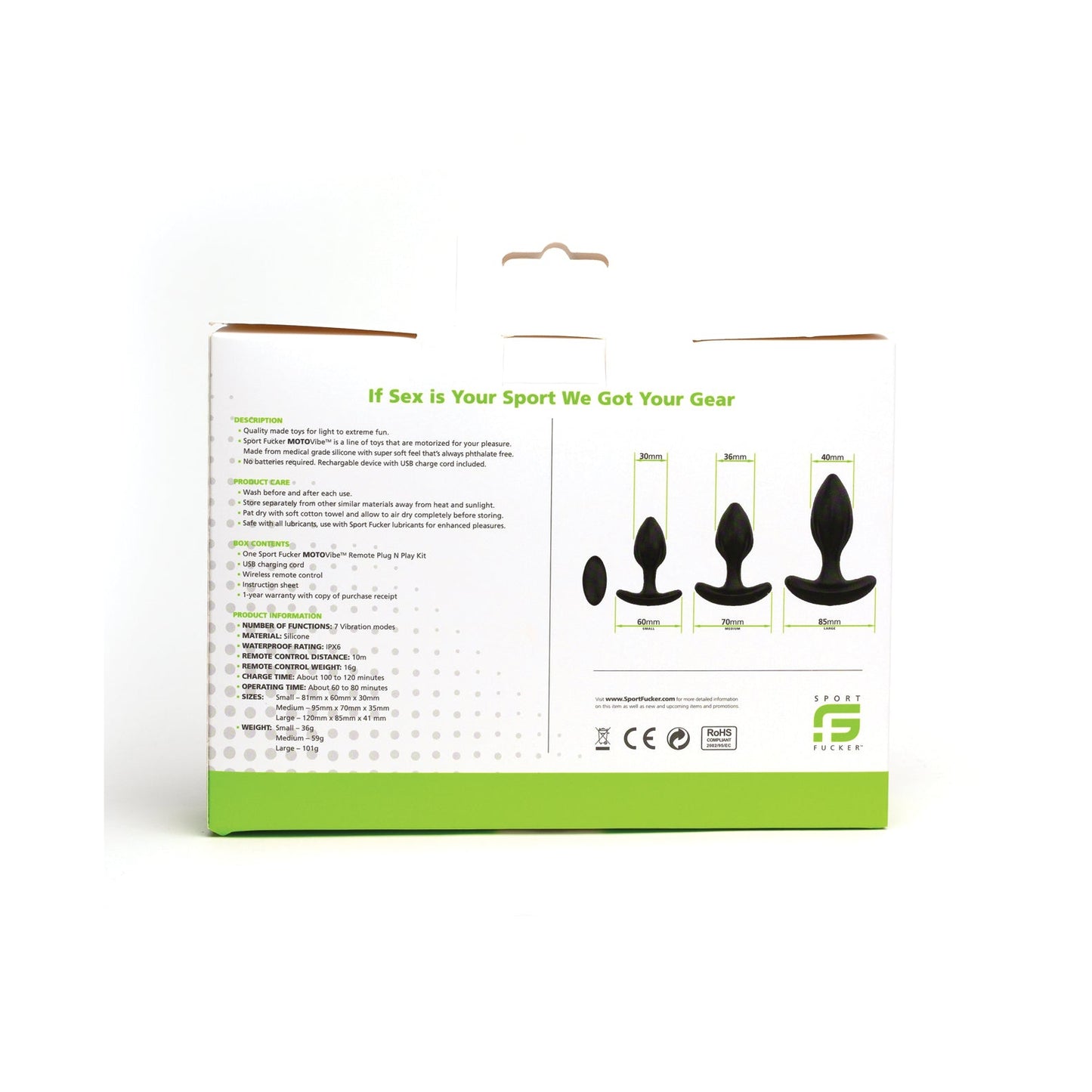 The Sport Fucker MotoVibe Plug N Play Kit features a box with three images of varying-sized black silicone anal plugs on the right, and product descriptions and benefits on the left. The white packaging with green accents ensures your booty workout is both stylish and effective.
