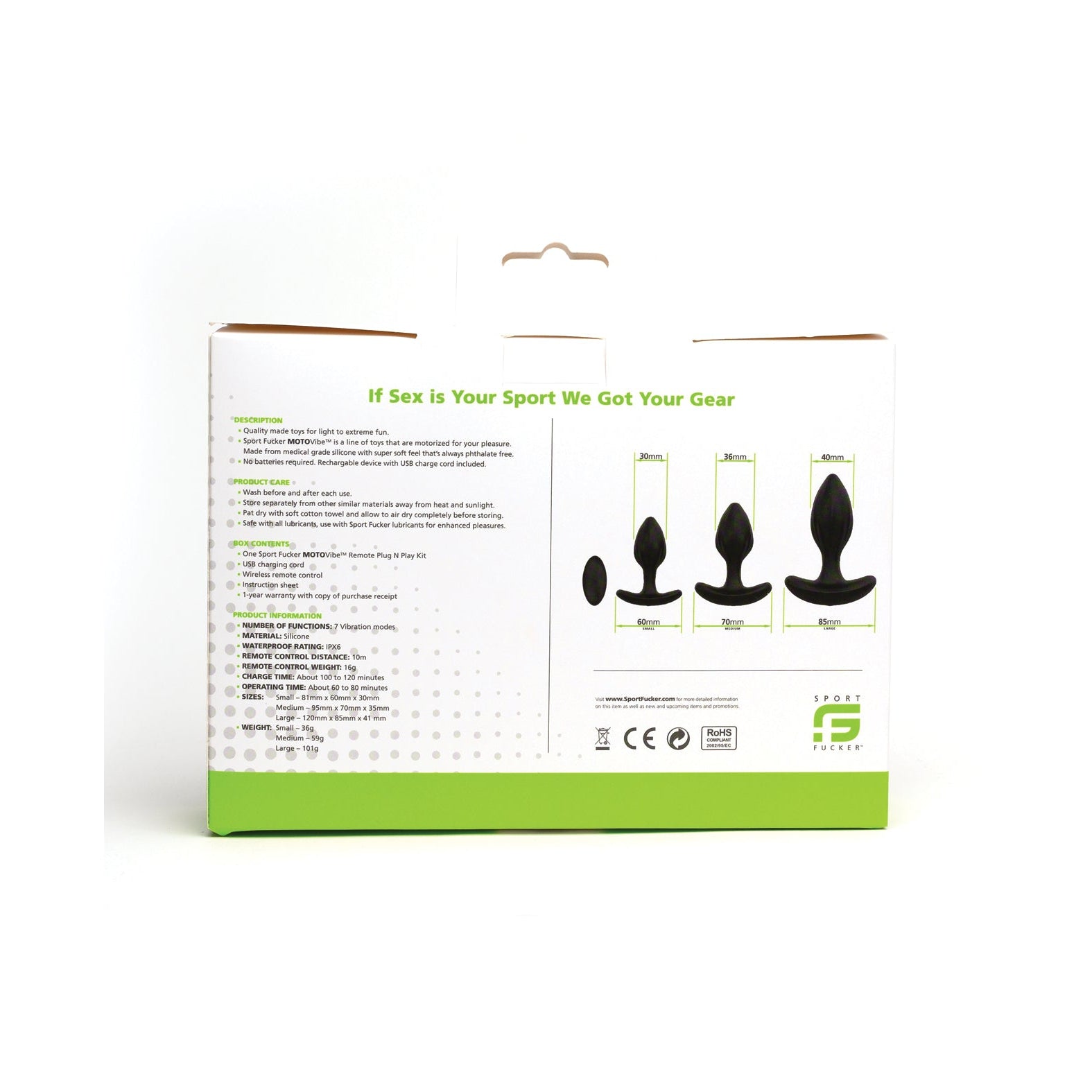 The Sport Fucker MotoVibe Plug N Play Kit features a box with three images of varying-sized black silicone anal plugs on the right, and product descriptions and benefits on the left. The white packaging with green accents ensures your booty workout is both stylish and effective.