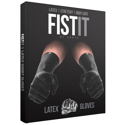 The box features Shots Fist It Latex Short Gloves by Adams Toy Box, highlighting their stretchy, body-safe design. Displayed are two fists in black gloves with the label Latex Short Gloves, perfect to use with silicone lube for hygienic and comfortable play.