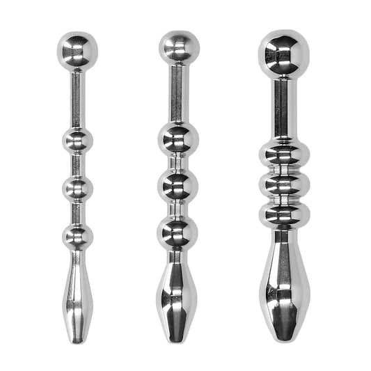 The Shots Ouch Urethral Sounding Metal Plug Set - 58mm features three vertically displayed metallic rods of varying designs. With spherical and tapered segments, they boast a sleek, reflective look, promising intense sensations.