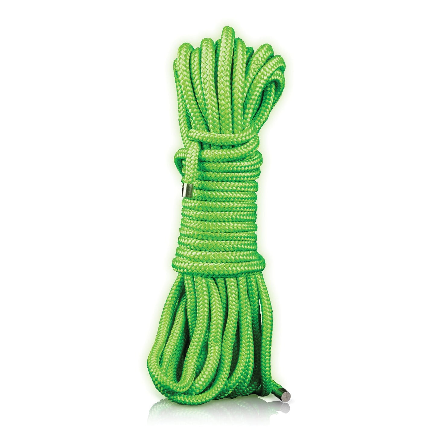 A 10m glow-in-the-dark rope from Shots Ouch, fluorescent green and coiled neatly against a white background, ready for use.