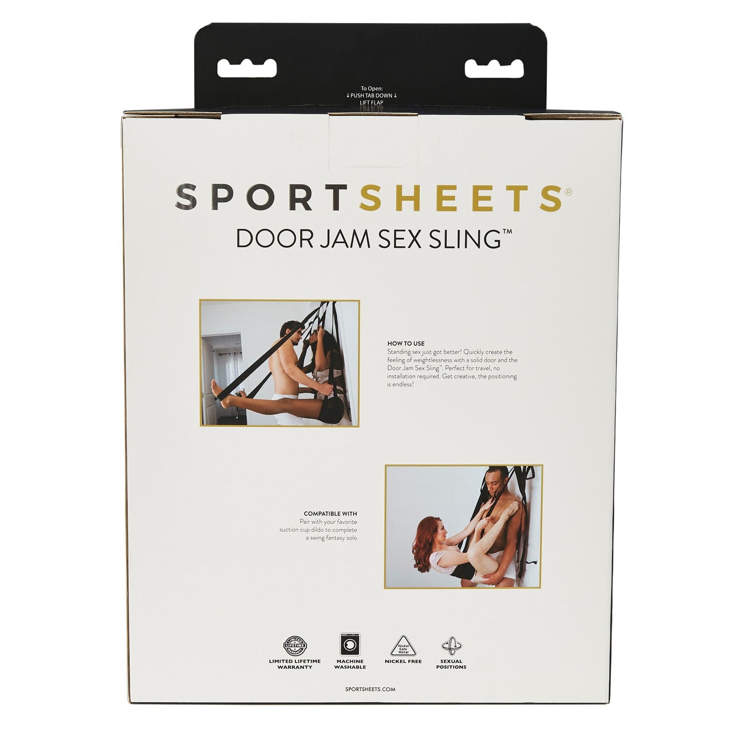 The Sportsheets International Door Jam Sex Sling features adjustable straps and a padded seat, with packaging that includes instructional images and text for effective use.