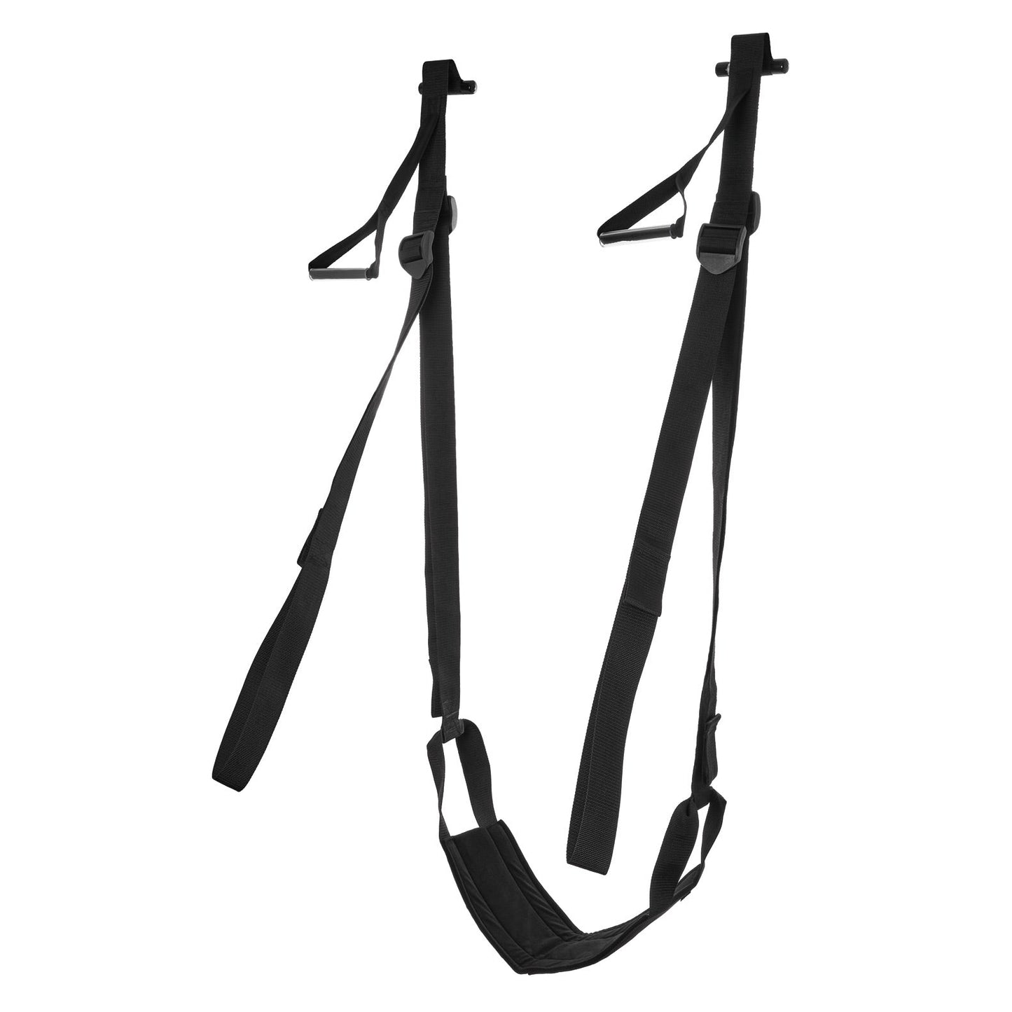 The Sportsheets Door Jam Sex Sling by Sportsheets International in black, featuring an adjustable design with a padded seat, straps, and handles for exercise, is displayed against a white background.