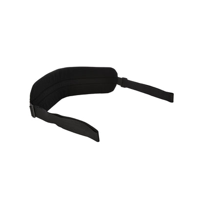 A black ergonomic pillow by Sportsheets International designed to support the head and neck. It features adjustable straps for securing around the neck or attaching to luggage and boasts a sleek, plus-sized design for added travel comfort.