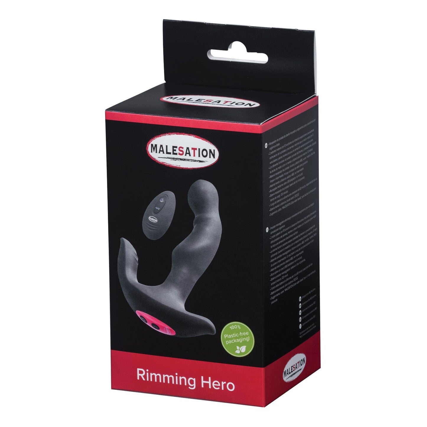 The image features the sleek black and red packaging of Malesations Rimming Hero, highlighting a black prostate massager made from body-safe silicone and equipped with a remote control for enhanced stimulation.
